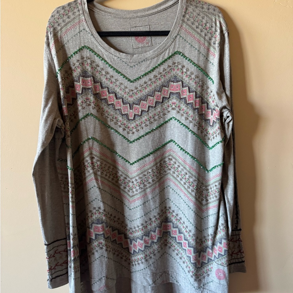 Double D Ranch Gray and Pink Patterned Long Sleeve Tee